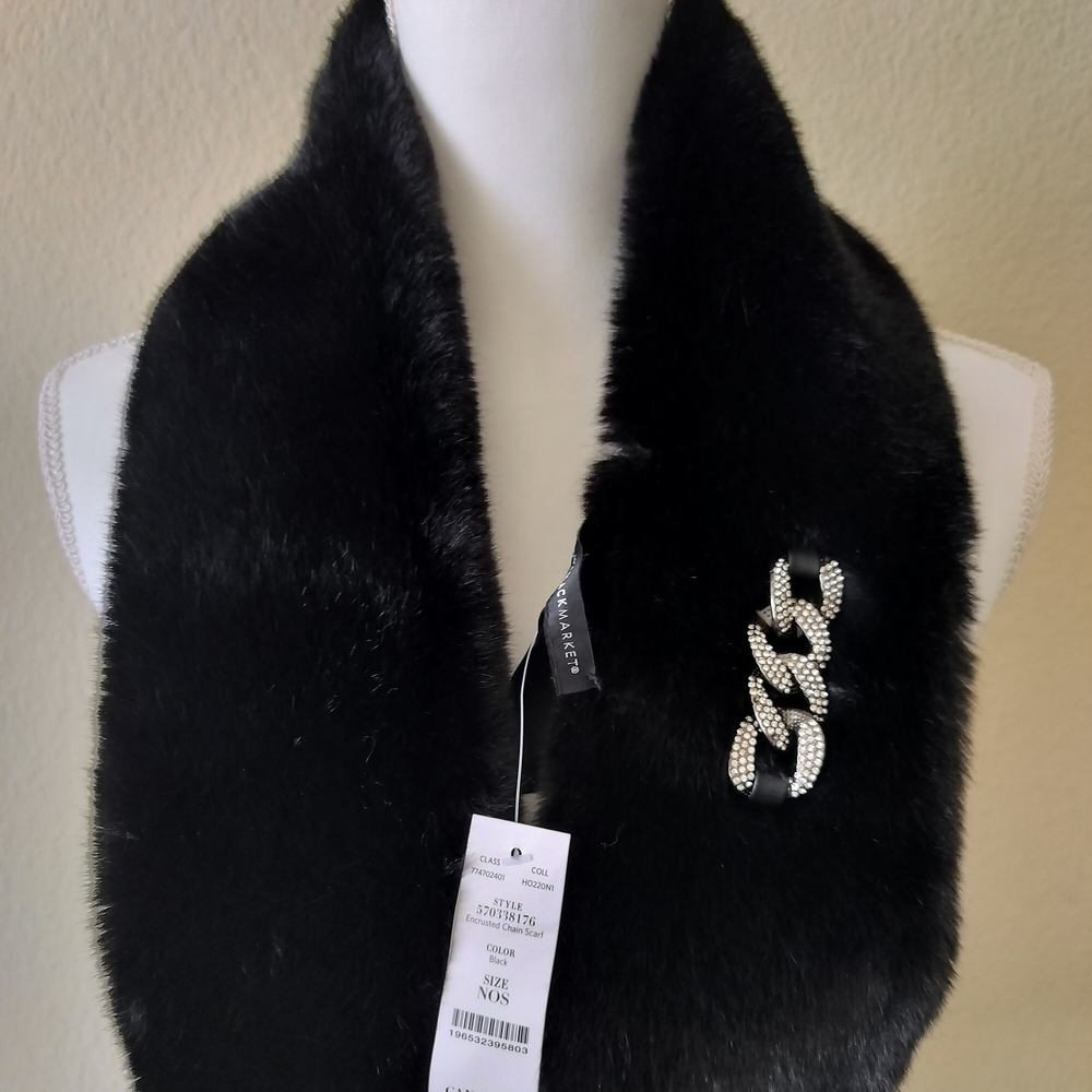 White House Black Market Black Faux Fur Scarf with Rhinestone Accent